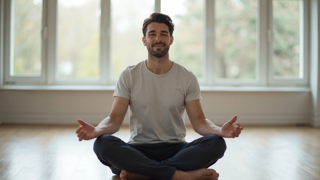 Man zittend in meditatieve houding in rustige kamer met natuurlijk licht