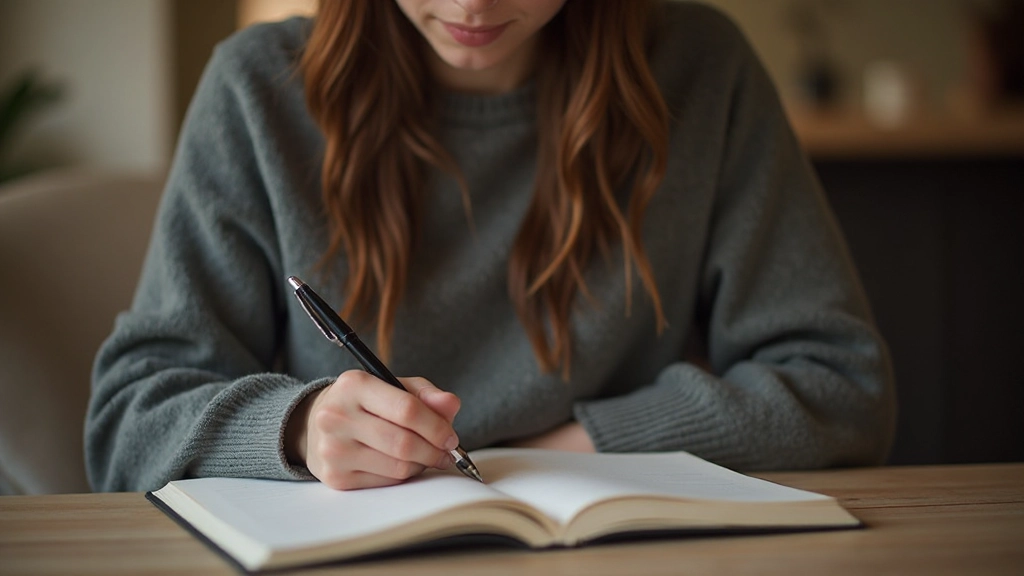Persoon schrijft gefocust in dagboek aan tafel met warme verlichting