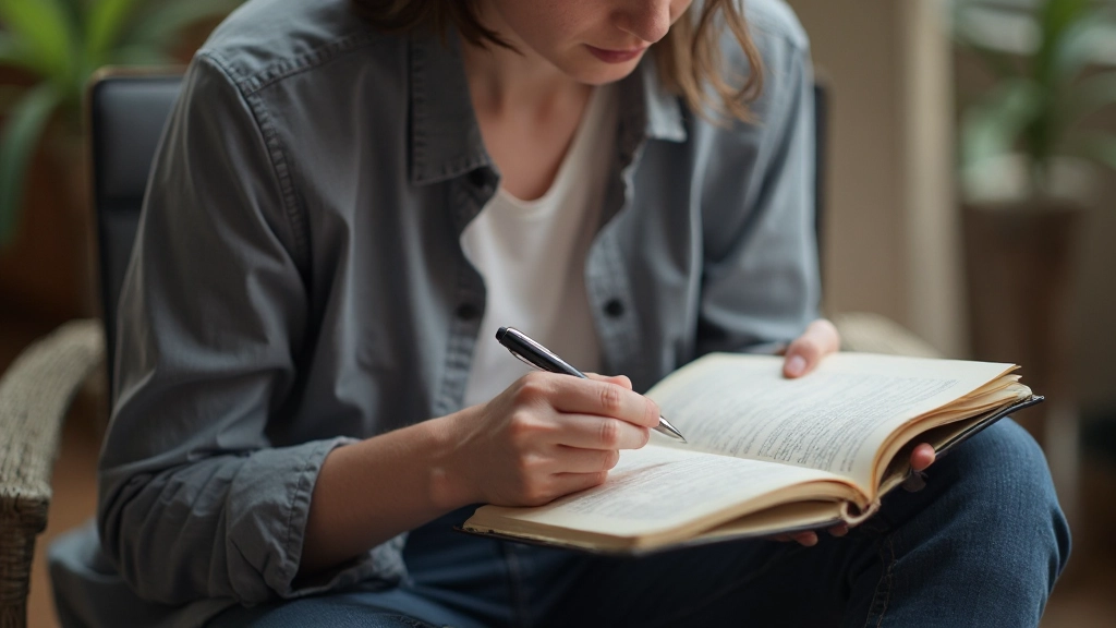 Persoon zit met opengeslagen dagboek en bestudeert notities met aandacht