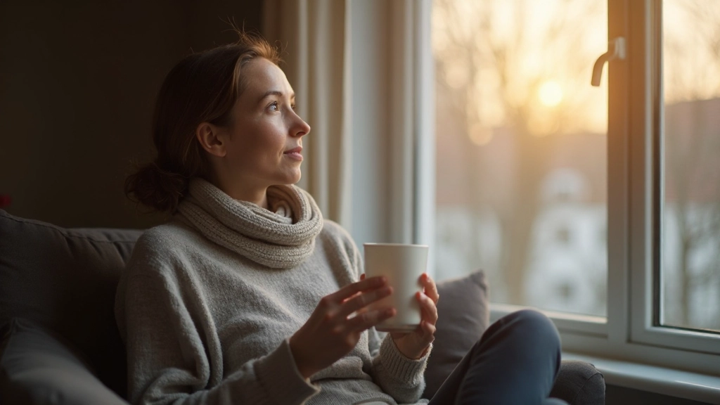 Persoon zittend op vensterbank met koffie, starend naar buiten, peinzend over persoonlijke patronen