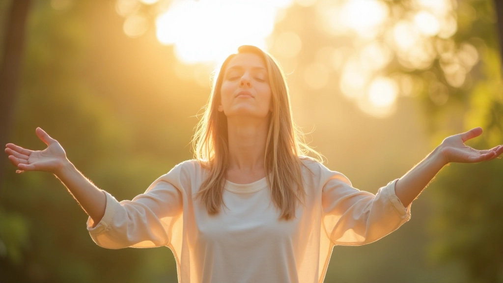 Persoon staand met gezicht naar zonlicht, open armen, voelt vrijheid en zelfacceptatie na zelfonderzoek