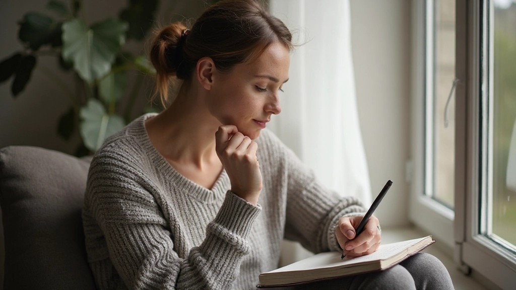 Persoon zit bij raam met dagboek en pen, vredige atmosfeer
