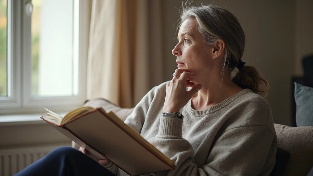 Persoon houdt dagboek vast en denkt na met hand bij kin