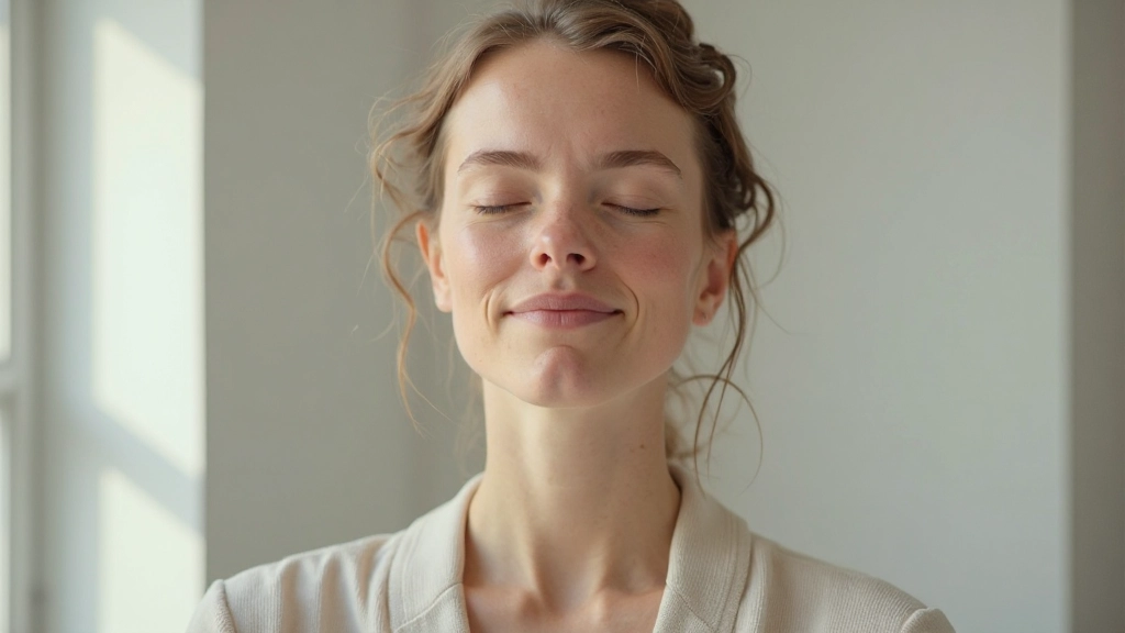 Close-up van persoon met gesloten ogen in meditatieve staat met zachte natuurlijke verlichting