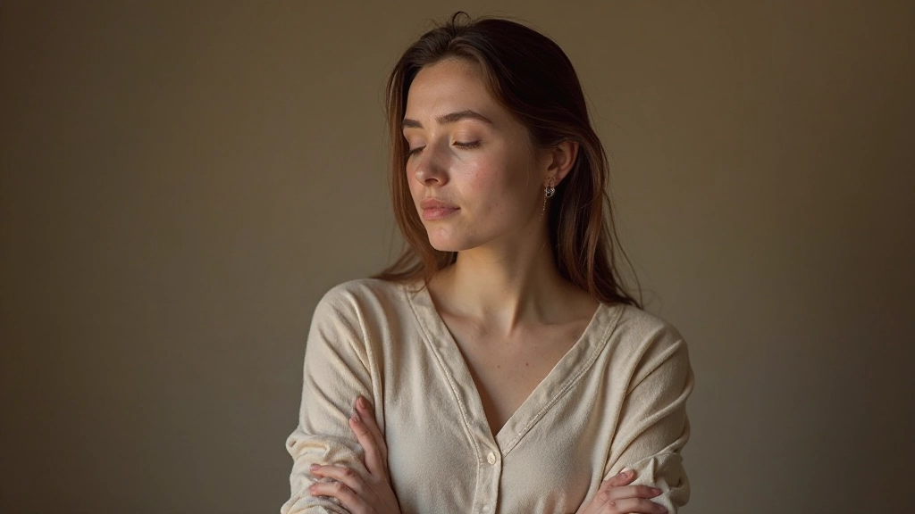 Persoon die naar beneden kijkt met armen rond zichzelf, zelfzorg en zelfcompassie uitstralend