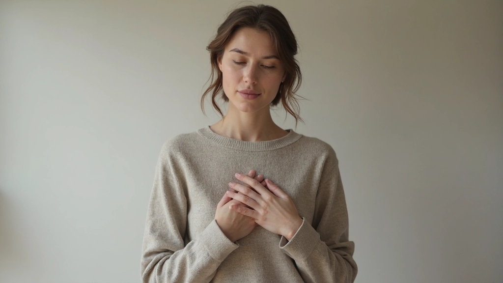 Persoon staand in stille omgeving met handen op borst, innerlijke reflectie en concentratie uitstralend