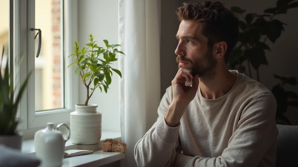 Persoon in reflectief moment, zittend bij raam, hand op kin, rustige huisomgeving, zachte lichtval, innerlijke kalme uitstraling