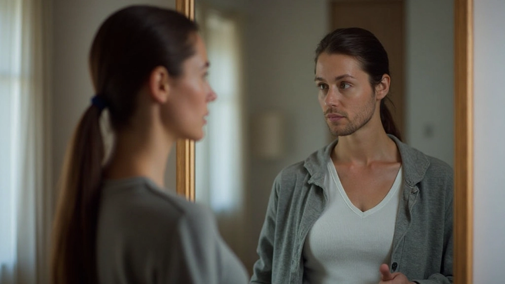 Persoon die naar zichzelf kijkt in spiegel, moment van zelfreflectie, introspectieve houding, rustige huisomgeving, zacht licht