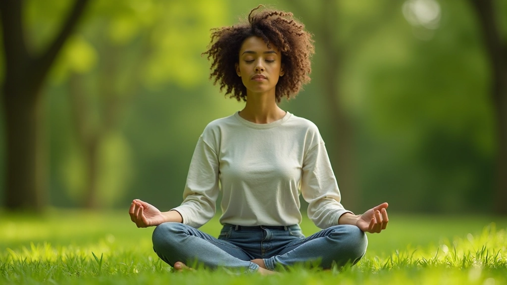 Vogelvluchtfoto van iemand mediteren buiten in groen landschap met zonlicht