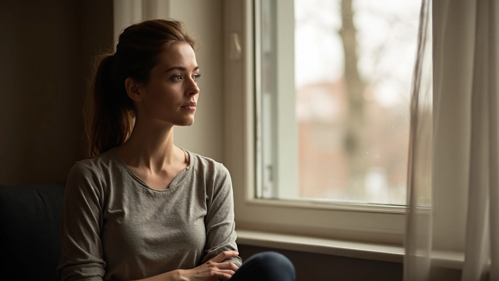Persoon in moment van stille reflectie bij raam met natuurlijk licht