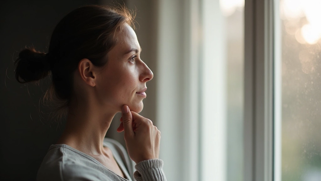 Close-up van iemands gezicht in gedachten verzonken bij een raam