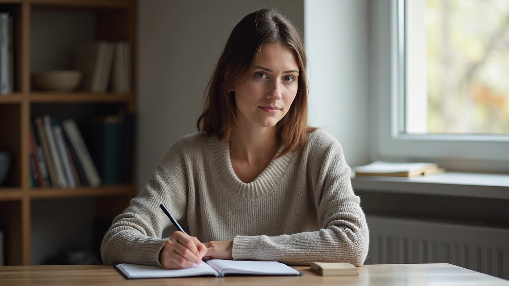 Vrouw zittend aan houten bureau met notitieboek, peinzend naar beneden kijkend met zonlicht door raam