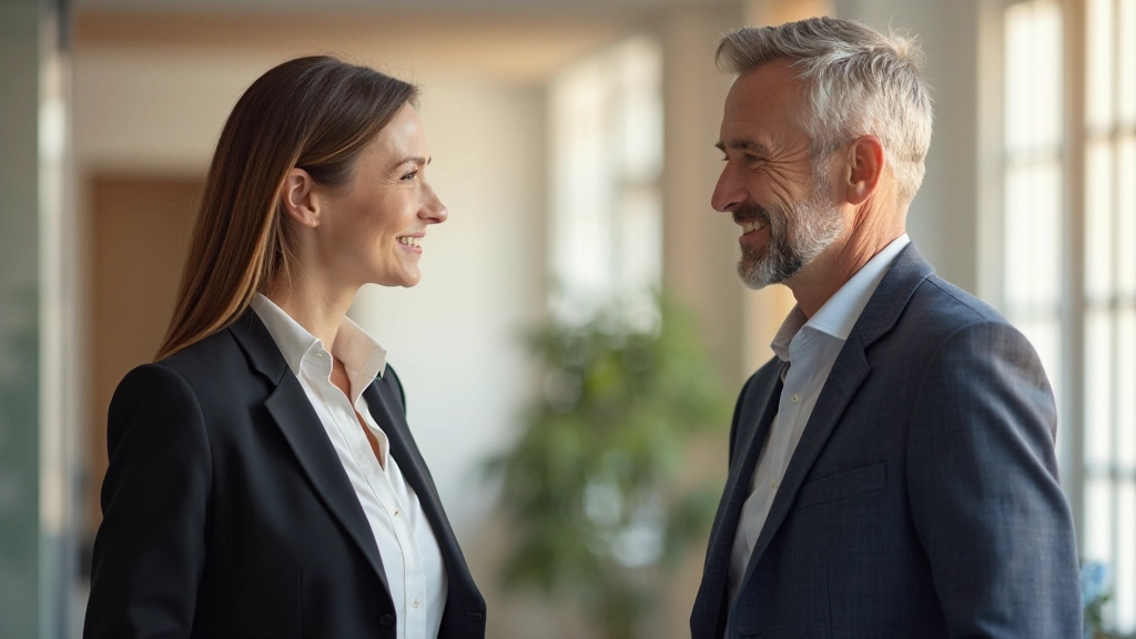 Twee personen in kantoor omgeving, één persoon spreekt vriendelijk terwijl de ander attent luistert, beide ontspannen lichaamstaal, naturel licht door raam